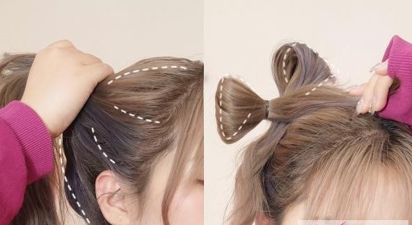 绑在右上角第二步:把马尾分成两部分扎起来第三步:剩下的头发用蝴蝶结